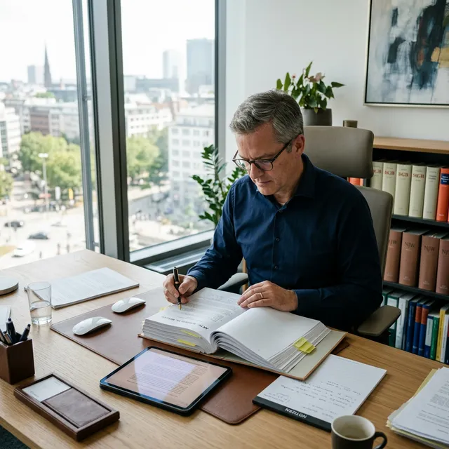 Jurist am Schreibtisch liest konzentriert ein Gesetzesbuch