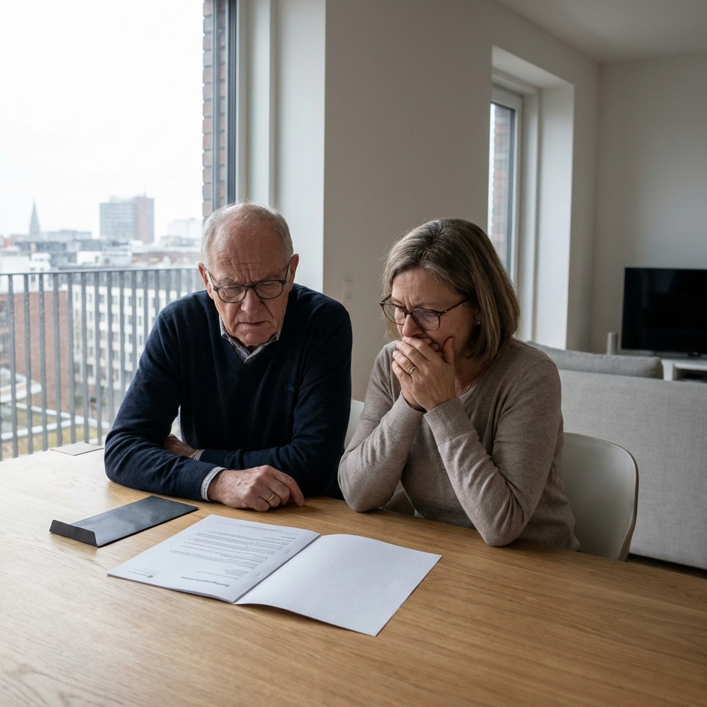 Besorgtes Seniorenpaar betrachtet Kündigungsschreiben