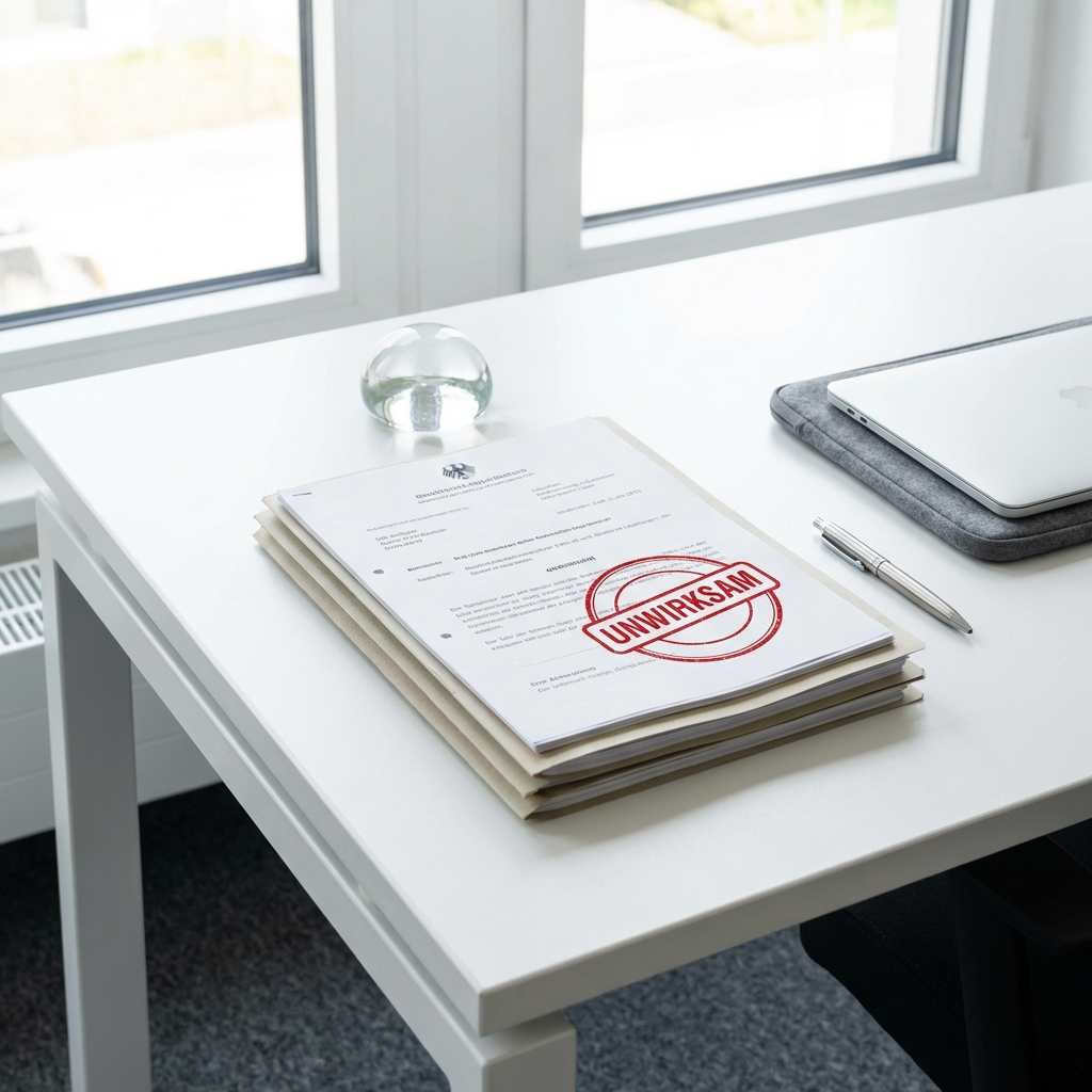 Justitia Statue und Gesetzbuch mit Anfechtungsstempel