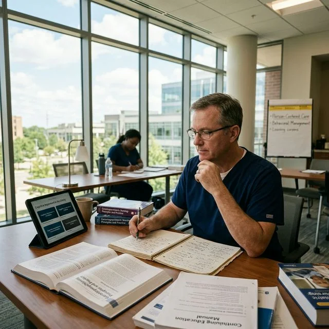 Pflegefachmann sitzt konzentriert an einem Schreibtisch in einem modernen Schulungsraum mit Fortbildungsunterlagen und Tablet