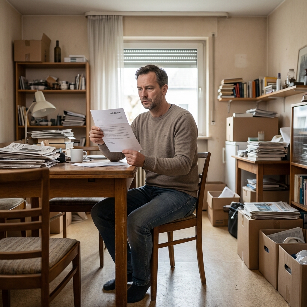 Mann mit Kündigungsschreiben in voller Wohnung