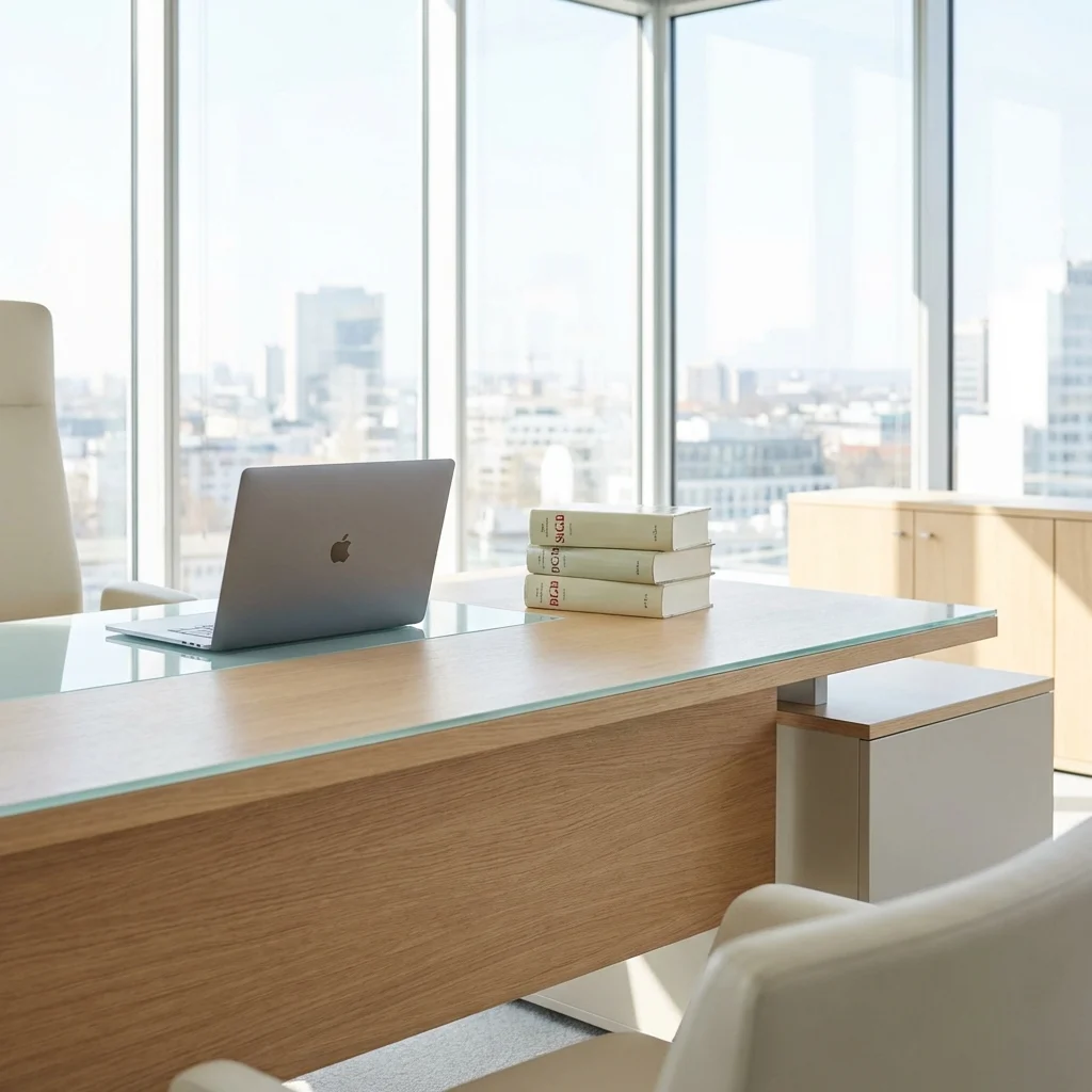 Moderner Schreibtisch in Anwaltskanzlei mit Blick auf Stadt